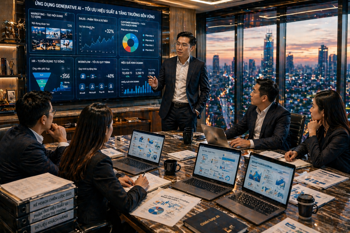 Khóa học ứng dụng Generative AI trong doanh nghiệp giúp CEO tối ưu marketing, vận hành, quản trị. Đào tạo thực chiến tại Đào tạo trí tuệ nhân tạo.