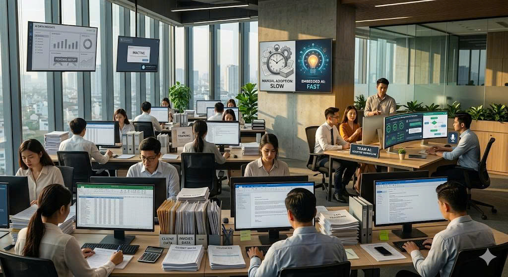 Nhân sự không sử dụng AI dù doanh nghiệp đã triển khai? Tìm hiểu nguyên nhân và cách đào tạo AI thực chiến giúp áp dụng vào công việc.