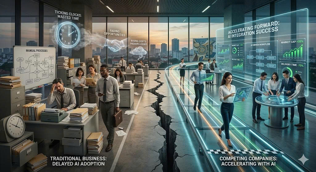 Trì hoãn học AI khiến doanh nghiệp mất lợi thế cạnh tranh. Tìm hiểu những hệ quả và cách triển khai AI hiệu quả cho CEO, giám đốc.