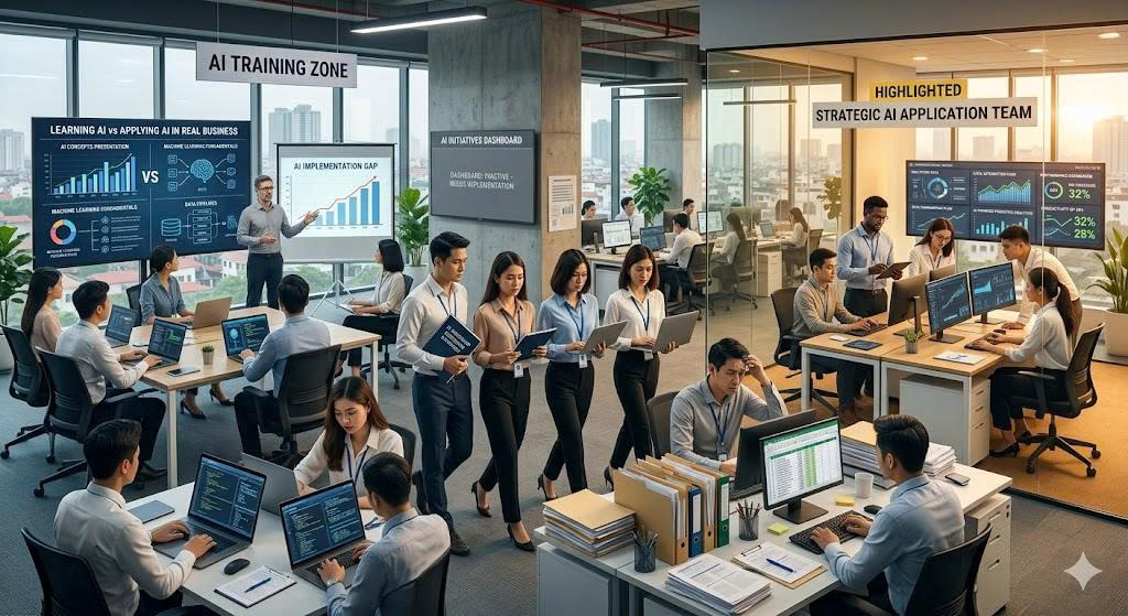 Doanh nghiệp học AI nhưng không áp dụng được? Tìm hiểu điểm nghẽn và cách triển khai AI thực chiến giúp tạo giá trị thực tế.