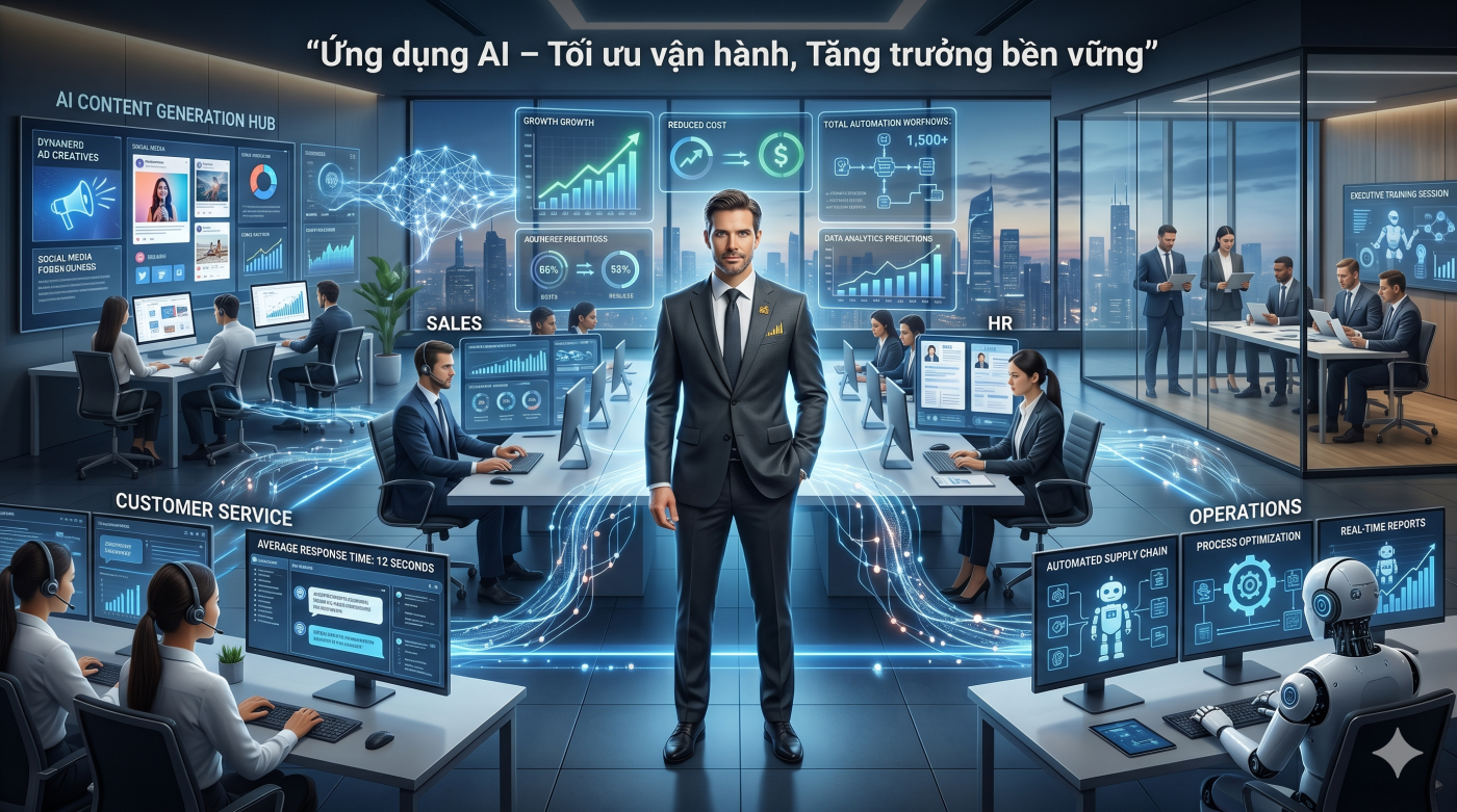 Ứng dụng Generative AI trong doanh nghiệp giúp CEO tối ưu vận hành, giảm chi phí và tăng trưởng nhanh. Khám phá giải pháp đào tạo AI thực chiến hiệu quả.