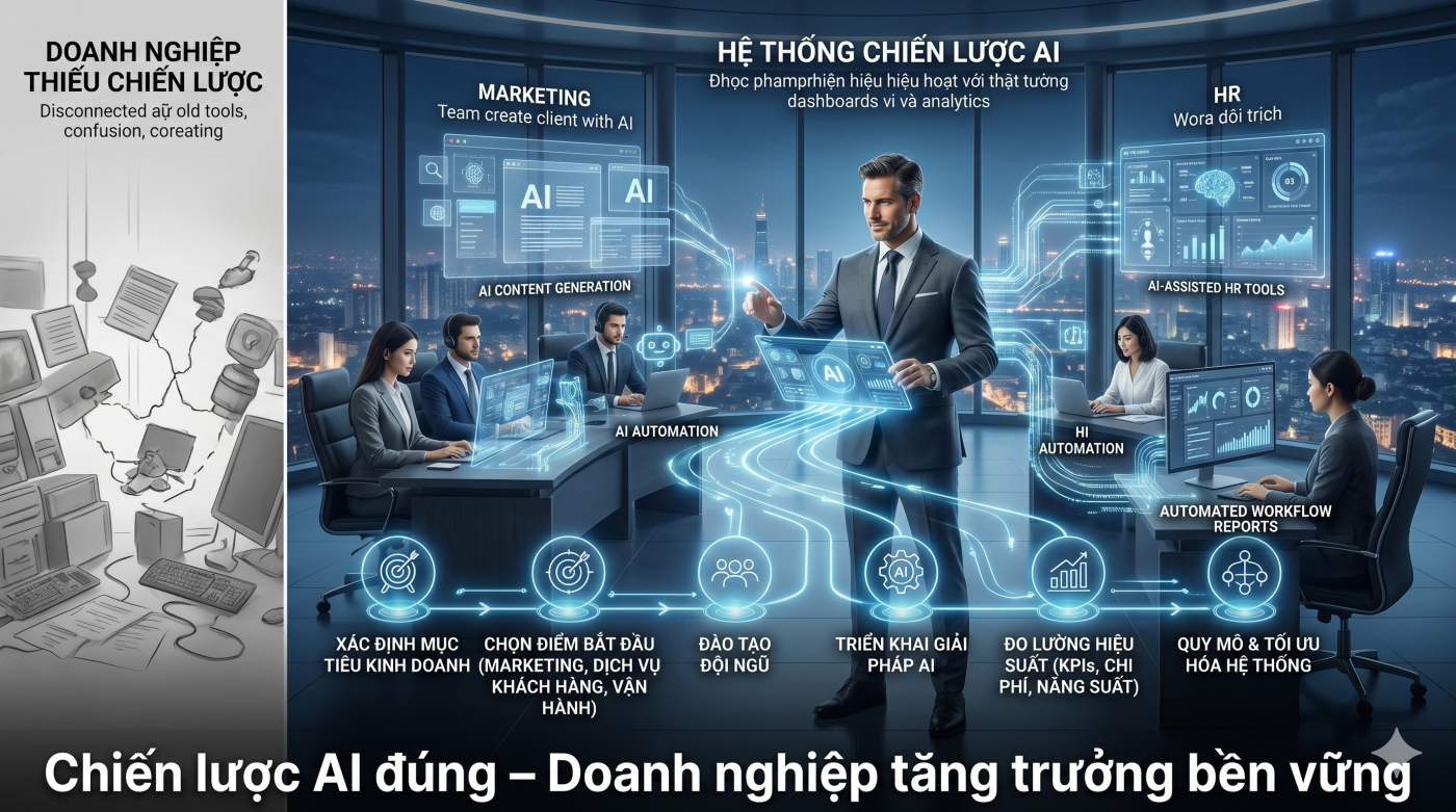 Chiến lược triển khai Generative AI giúp doanh nghiệp tối ưu vận hành và tăng trưởng bền vững. Khám phá cách CEO ứng dụng AI hiệu quả ngay từ đầu.