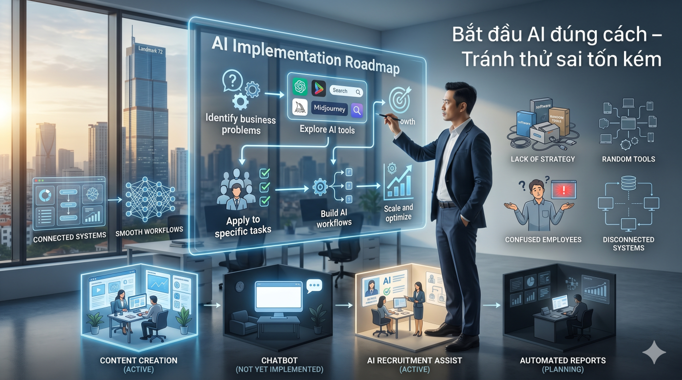 Doanh nghiệp nên bắt đầu AI từ đâu? Khám phá lộ trình học Generative AI thực chiến giúp CEO và giám đốc triển khai AI hiệu quả ngay từ đầu.