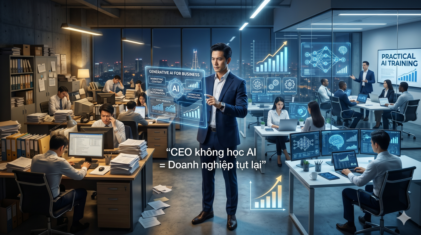 Học AI cho CEO chưa bao giờ quan trọng đến thế. Khóa học Generative AI thực chiến giúp giám đốc, doanh nghiệp tối ưu vận hành và tăng trưởng nhanh chóng.