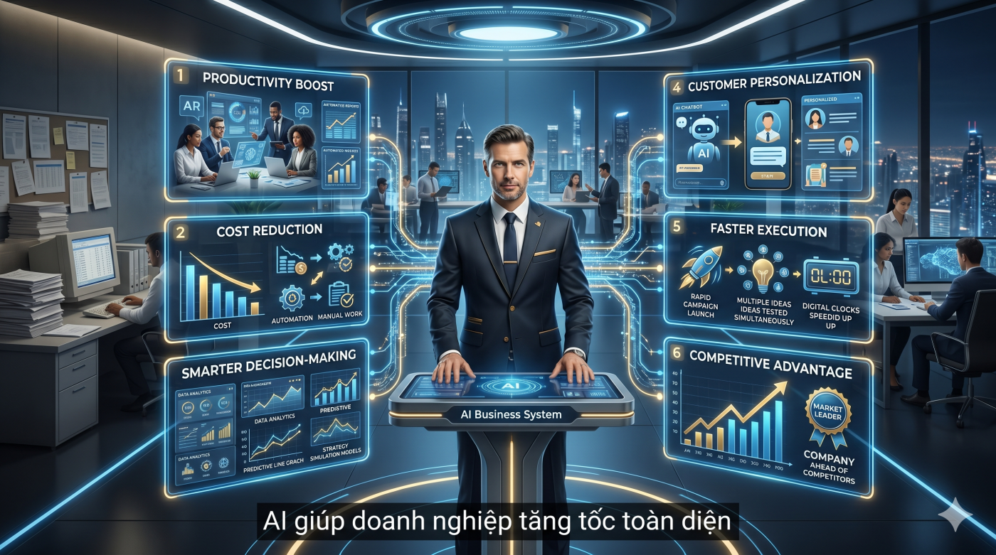 Lợi ích của Generative AI trong doanh nghiệp là gì? Khám phá cách CEO ứng dụng AI để tăng năng suất, giảm chi phí và tạo lợi thế cạnh tranh.Mở bài