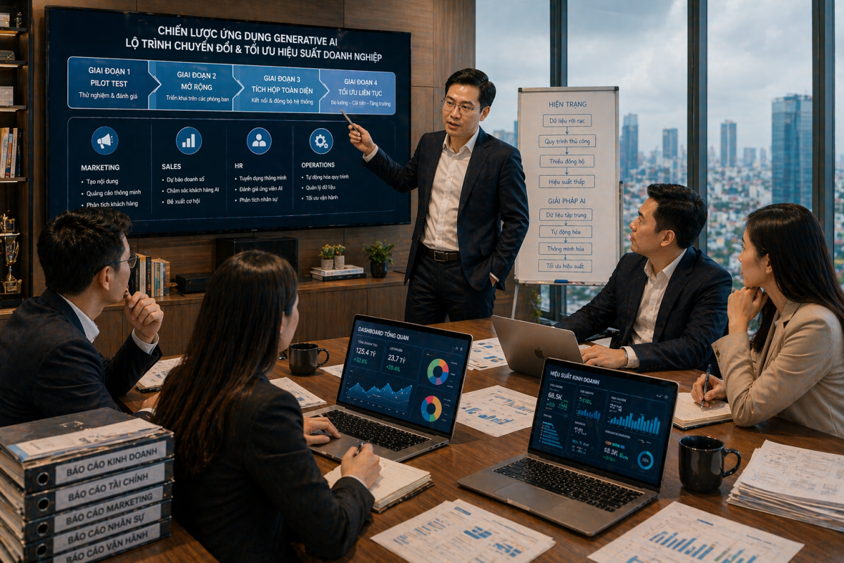 Chiến lược triển khai Generative AI cho doanh nghiệp giúp CEO ứng dụng AI hiệu quả vào vận hành, marketing, quản trị. Đào tạo thực chiến tại Đào tạo trí tuệ nhân tạo.