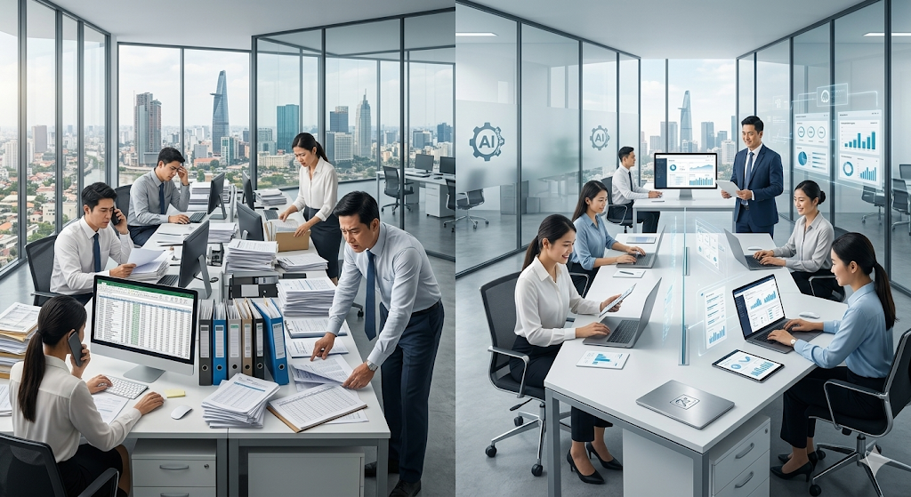 Hãy tưởng tượng hai doanh nghiệp có cùng quy mô, cùng số lượng nhân sự và cùng lĩnh vực kinh doanh. Điểm khác biệt duy nhất là cách họ sử dụng công cụ trong công việc. Một bên bắt đầu ứng dụng AI vào quy trình làm việc. Bên còn lại vẫn giữ nguyên cách vận hành truyền thống. Sau một thời gian, khoảng cách bắt đầu xuất hiện.