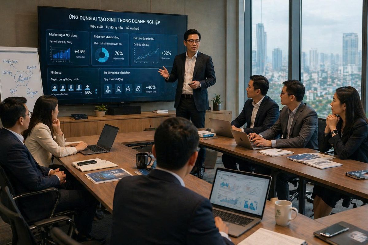 Đào tạo Generative AI cho doanh nghiệp giúp CEO ứng dụng AI vào quản trị, marketing và vận hành hiệu quả. Khóa học thực chiến tại Đào tạo trí tuệ nhân tạo.