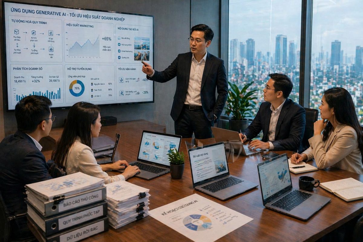 Khóa học AI cho doanh nghiệp giúp CEO ứng dụng Generative AI vào marketing, vận hành, quản trị hiệu quả. Đào tạo thực chiến tại Đào tạo trí tuệ nhân tạo.