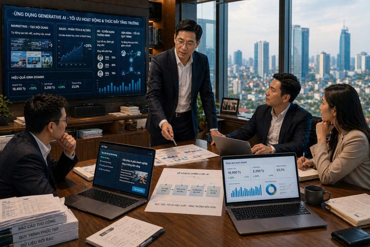 Khóa học Generative AI thực chiến cho CEO giúp ứng dụng AI vào marketing, vận hành, quản trị. Giải pháp đào tạo tại Đào tạo trí tuệ nhân tạo dành cho doanh nghiệp.