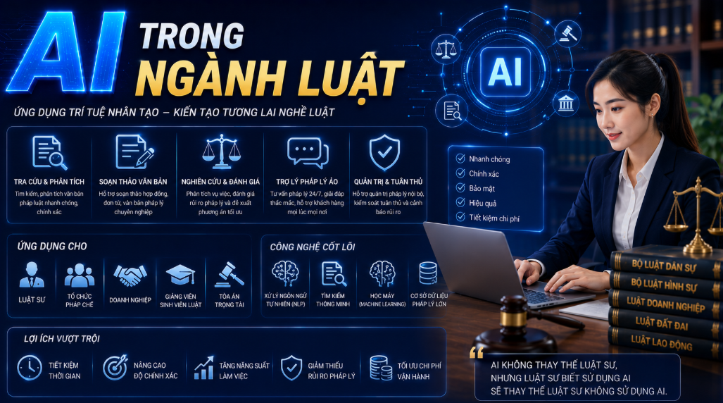 Trong thời đại chuyển đổi số, AI trong ngành luật đang trở thành xu hướng quan trọng giúp các tổ chức pháp lý, văn phòng luật sư và doanh nghiệp nâng cao hiệu quả xử lý công việc. Với khả năng xử lý dữ liệu nhanh chóng, phân tích tài liệu thông minh và hỗ trợ tra cứu chính xác, AI đang thay đổi cách ngành pháp luật vận hành theo hướng hiện đại và hiệu quả hơn.