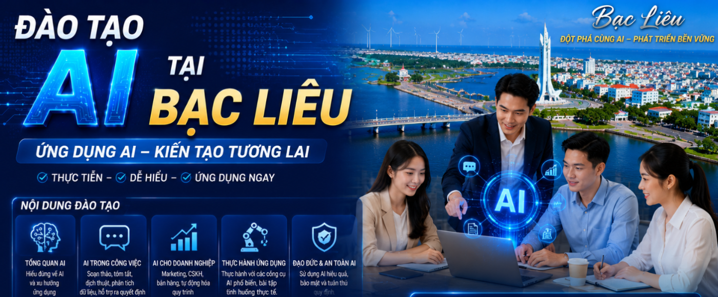 Trong bối cảnh chuyển đổi số đang diễn ra mạnh mẽ, đào tạo AI tại Bạc Liêu đang trở thành nhu cầu quan trọng đối với nhiều doanh nghiệp, tổ chức và cá nhân muốn nâng cao hiệu quả làm việc. Việc ứng dụng AI vào vận hành, marketing, bán hàng, chăm sóc khách hàng và quản lý dữ liệu đang giúp doanh nghiệp tối ưu quy trình, tiết kiệm chi phí và tăng năng lực cạnh tranh.
