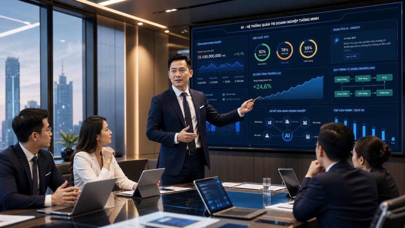 Ứng dụng AI trong quản trị doanh nghiệp đang trở thành lợi thế cạnh tranh mới của thời đại số. Khám phá cách CEO và doanh nghiệp tận dụng AI để tăng hiệu suất, tối ưu vận hành và dẫn đầu thị trường.
