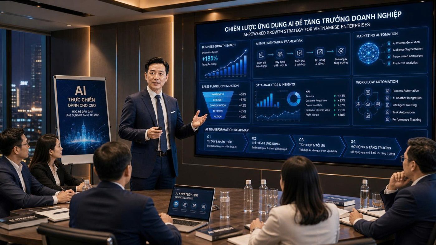 Khóa học AI thực chiến cho CEO giúp lãnh đạo doanh nghiệp hiểu và ứng dụng AI vào quản trị, vận hành, tăng trưởng. Khám phá vì sao đây là khoản đầu tư chiến lược của doanh nghiệp hiện đại.