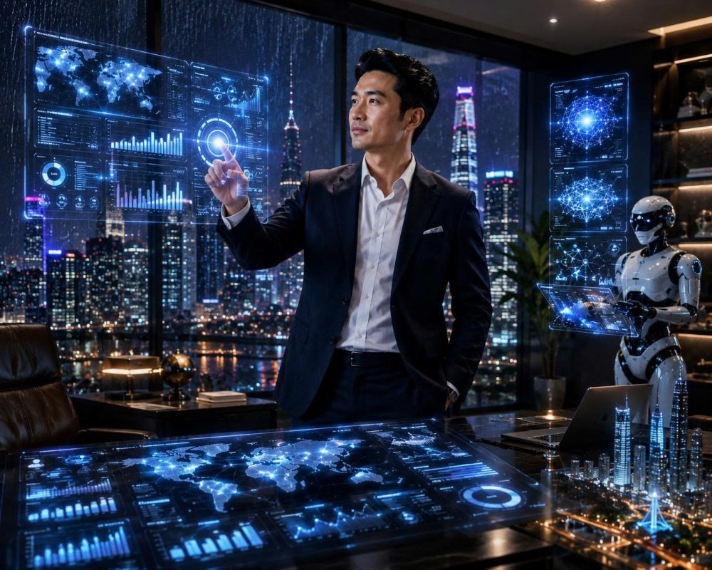 A powerful Vietnamese CEO using Artificial Intelligence to lead a next-generation enterprise inside a futuristic smart business command center in Hanoi. The CEO is around 40 years old, confident, visionary, wearing a luxury dark business suit, standing in front of massive holographic AI screens controlling operations in real time. Scene: high-end AI operations center with giant transparent digital dashboards showing: business growth analytics, AI-powered marketing systems, financial forecasting, automated customer service, smart logistics tracking, real-time employee performance metrics, Generative AI workflows, global business expansion maps. Background: large cinematic glass windows overlooking futuristic Hanoi skyline at sunrise, light fog, traffic motion blur, modern Vietnamese architecture mixed with cyberpunk technology aesthetics. Additional cinematic details: floating hologram interfaces, AI assistant robot walking nearby, interactive touch panels, neon blue reflections, realistic shadows, glass reflections, volumetric lighting, immersive technology atmosphere, premium office materials, minimal luxury workspace, dynamic storytelling composition, slight low-angle camera shot for leadership feeling. Style: ultra realistic, photorealistic 8K, cinematic business sci-fi, luxury corporate branding aesthetic, realistic Vietnamese businessman, highly detailed skin texture, sharp focus, depth of field, realistic lighting, premium advertising photography, future enterprise atmosphere. No text, no watermark, no logo.