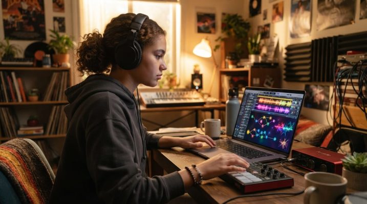 Student using laptop AI music 202607091809 1